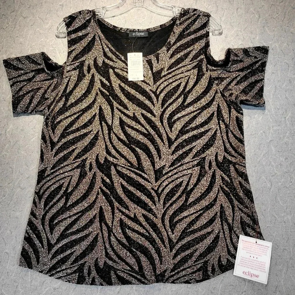 Eclipse Tops - Eclipse NWT Women's Cut Out  Sleeves Sparkly Black & Gold Blouse Size Large